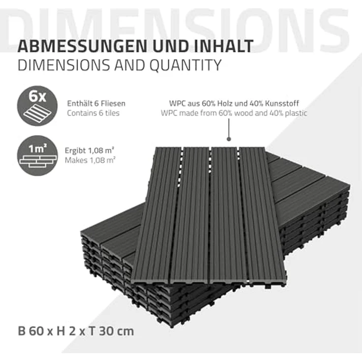 ECD Germany WPC Terrassenfliesen 60x30 cm 12er Spar Set für 2m² Anthrazit in Holzoptik für Garten Balkon Bodenbelag mit Drainage und Klicksystem Terrassendielen Balkonfliesen Klickfliesen Holzfliesen – Bild 7