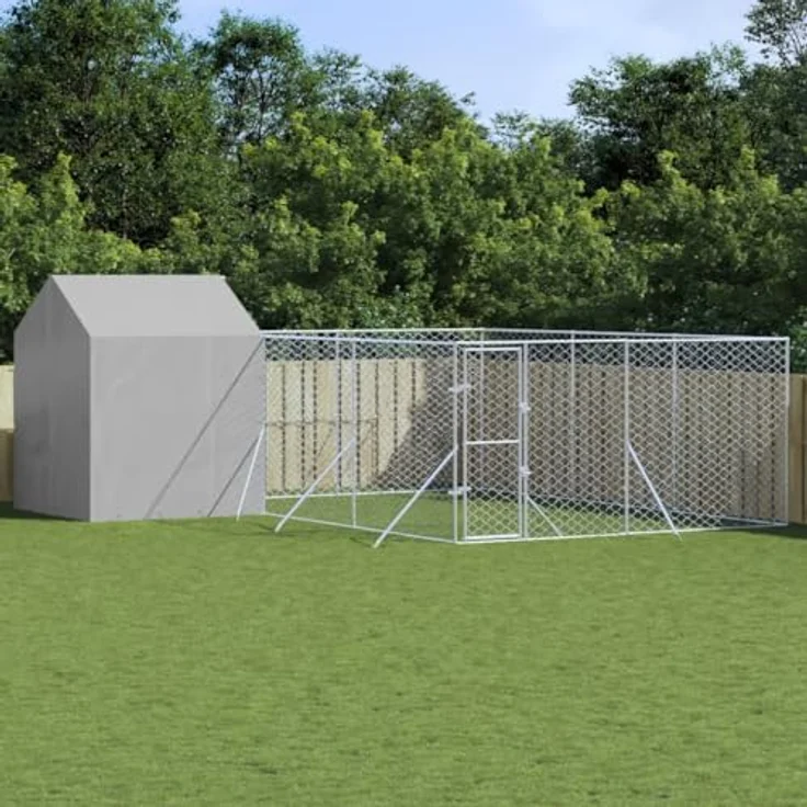 vidaXL Outdoor Hundezwinger, Hundehütte mit Dach, Hundekäfig für den Außenbereich, Hühnerstall Hundezaun Hundeauslauf, Silbern Verzinkter Stahl – Bild 2