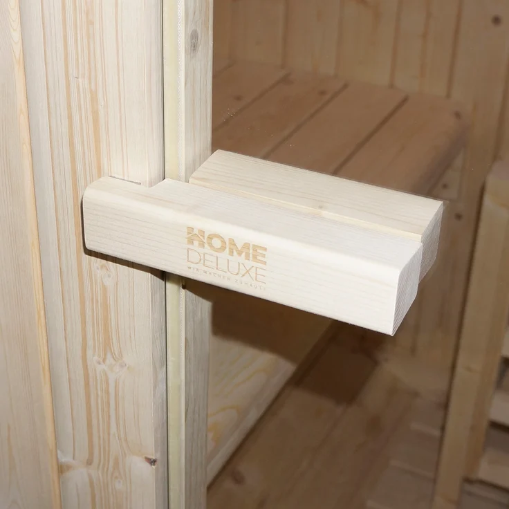 HOME DELUXE - Outdoor Fasssauna LAHTI XL - Maße: BxTxH: ca. 195 cm x 192 cm x 220 cm, Holz: Fichtenholz - inkl. Elektroofen und kompl. Saunazubehör I Gartensauna, Außensauna, Sauna für 6 Personen – Bild 9