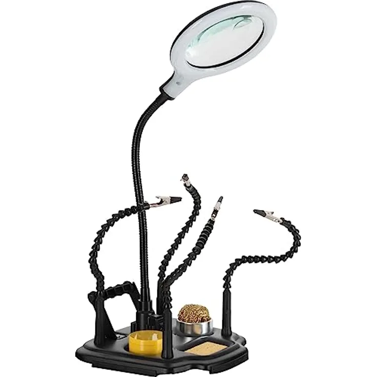 Stagecaptain LH-440 Löthilfe mit Lupenleuchte - Helfende Hand für Bastel- und Lötarbeiten - Flexible Arme mit Krokodilklemme - Biegsame Lupe (3/12 Dioptrien) mit LED-Beleuchtung - Lötspitzenreiniger