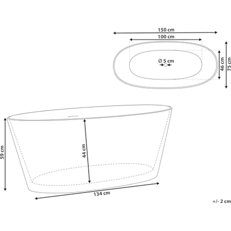 Beliani Badewanne Chubut, freistehend aus strapazierfähigem Acryl, 230 l, 150 cm, modernes weißes Finish mit Diamantmuster – Bild 3