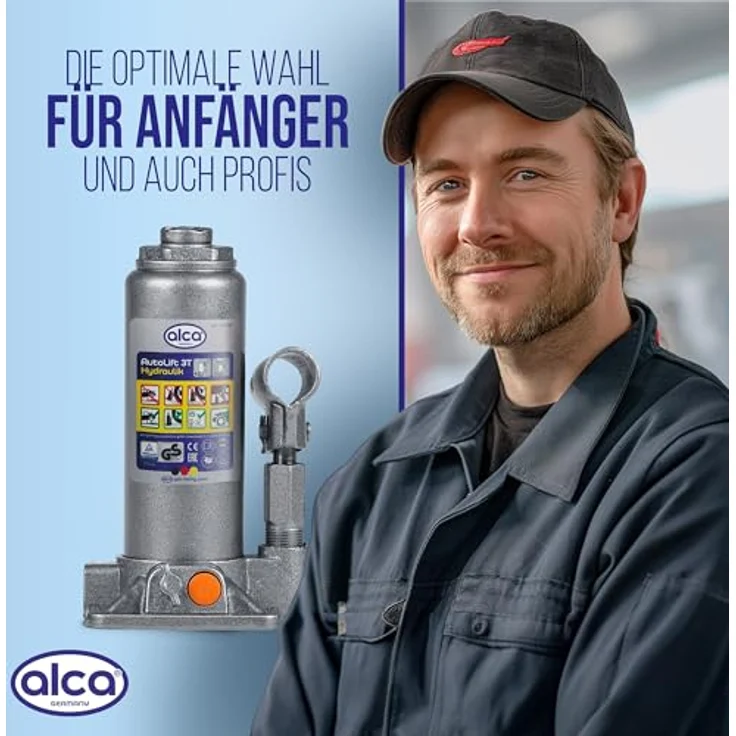 alca® Hydraulischer Wagenheber 3t, Stempelheber & Unterstellheber aus Stahl, Hubhöhe 195-380 mm, große Fußplatte für sicheren Stand, geriffelter Stempelteller – Bild 7