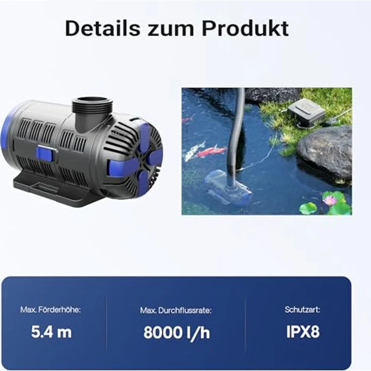 SunSun CET-8000 SuperECO Teichpumpe 8000 l/h / 80 W, energiesparende Filterpumpe, Bachlaufpumpe für Koiteiche, Umwälzpumpe, Gartenteichpumpe – Bild 5