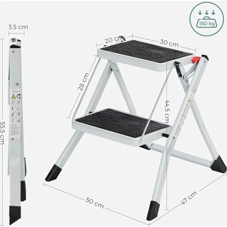 SONGMICS Trittleiter mit 2 Stufen, zusammenklappbar, Stahl, Belastung 150 kg, Weiß und Schwarz – Bild 4