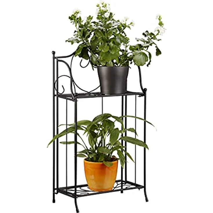Relaxdays Blumenregal Metall 2-stöckig für Topfpflanzen, Balkon-Deko draußen, stehend HxBxT: 64,5 x 33,5 x 18cm, schwarz, antikes Design mit Herz und Blumenornamenten – Bild 1
