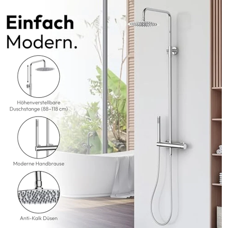 MARWELL Duschsäule chrom, Duschsystem mit mechanischer Armatur, verstellbarer Duschstange 880–1180 mm, Messing Handbrause und Regendusche – Bild 2