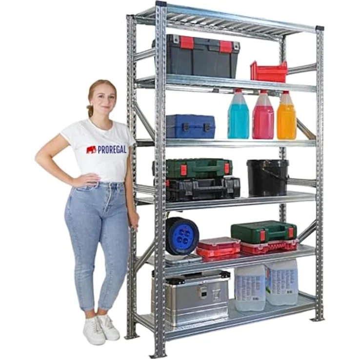 Proregal PROXIMO Metallregal Fachbodenregal, 210 x 120 x 50 cm, 6 Böden, Traglast 200 kg je Boden, verzinkter Stahl, schraubenloses Stecksystem – Bild 3