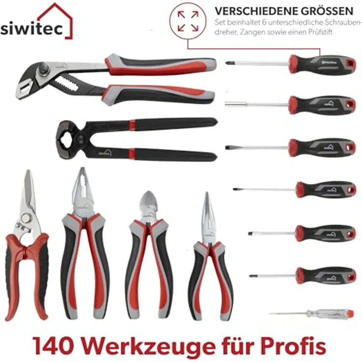 siwitec Werkzeugkoffer 139-teilig, Werkzeug Set CRV, Werkzeugkasten, Profi Werkzeugkoffer (139 St., enthält 139 Werkzeuge), vielseitig, ergonomisches Design, kompakt, leicht, handlich, 139 Teile – Bild 4