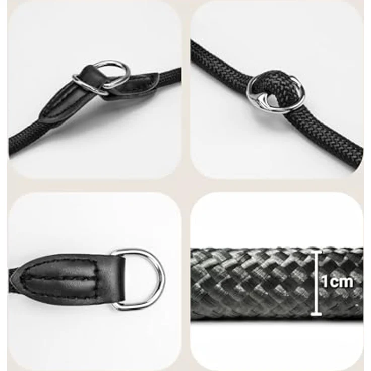 lionto Hundehalsband aus strapazierfähigem Nylon, Länge 55 cm, 1 cm dick, Zugstopp Halsband, Lederimitat mit Metallring, stufenlos verstellbar, schwarz – Bild 4