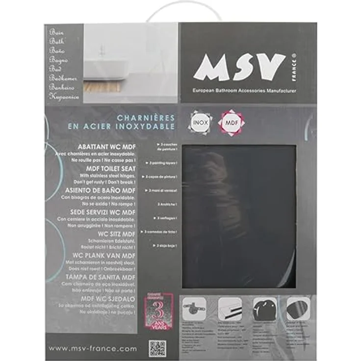 MSV WC-Sitz MDF, 45 cm x 37 cm x 5,6 cm, dunkelgrau, feuchtigkeitsbeständig mit stabilen Edelstahlscharniere – Bild 6