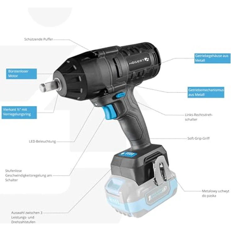 HÖGERT TECHNIK Akumulatorowy Holzschrauber 18 V, 600 Nm Drehmoment, bürstenloser Motor, ½" Vierkantanschluss, LED-Beleuchtung, ohne Akku, Metallgetriebe – Bild 4