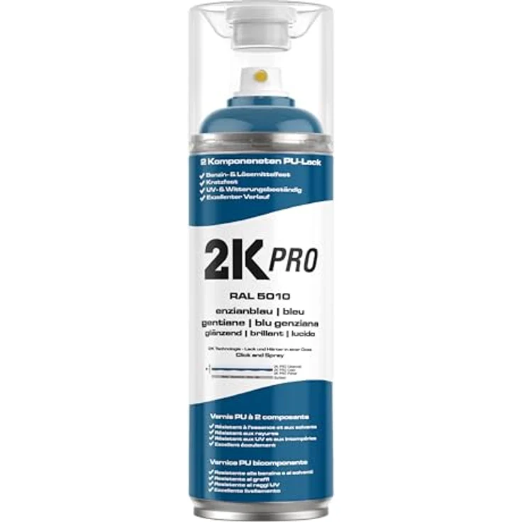 2K PRO 2K Spraydose 400ml, Schnelltrocknender 2 Komponenten Sprühlack, UV-Beständig, Stoss- und Kratzfest, RAL5010 - Enzianblau Glanz – Bild 1