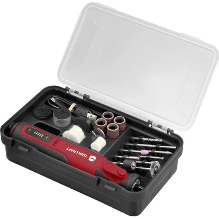 TOOLCRAFT Graviergerät, handgeführtes Rotationswerkzeug mit 32 Zubehörteilen, 7.2 V Akku, LED-Licht und USB-Ladeanschluss im Koffer – Bild 1
