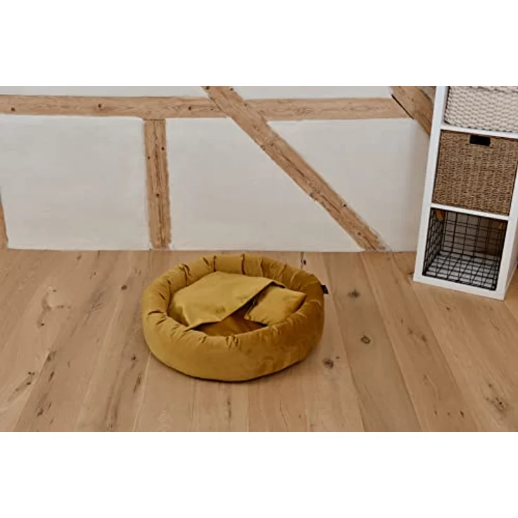 Rohrschneider Hundekissen Kuschelhöhle Denver Samt Hundebett weich mit Gassibeutel Ø 50 cm (S, Senf) – Bild 4