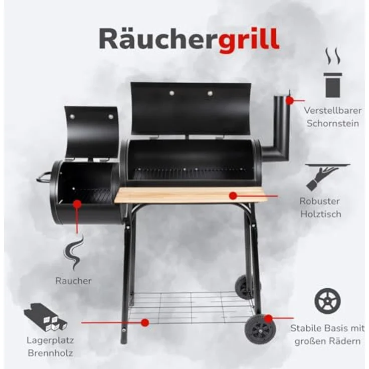 Arti Casa Alpina Smoker Barbecue - BBQ mit verstellbarem Schornstein, 2-in-1 Grill- und Räuchergerät, 104 x 58 x 114 cm – Bild 2