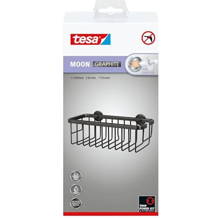tesa Moon Selbstklebende Duschablage in gebürstetem Grafit - einstöckig und extra tief - Duschregal aus PVD-beschichtetem Metall - ohne Bohren, mit Klebelösung - 92 mm x 250 mm x 125 mm – Bild 2