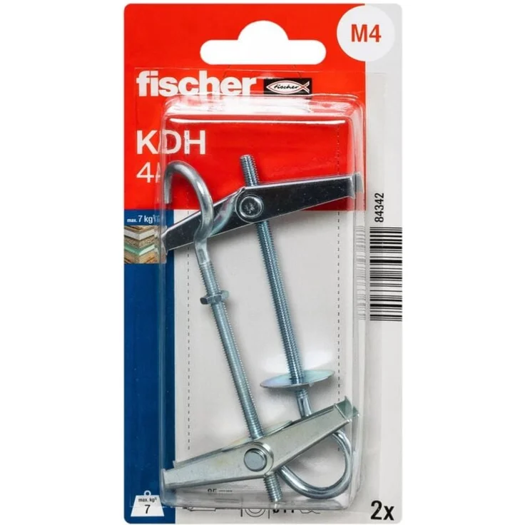 Fischer Kippdübel KDH 4 mit Haken, 2 Stück, für feste und hohle Baustoffe, einfache Handhabung