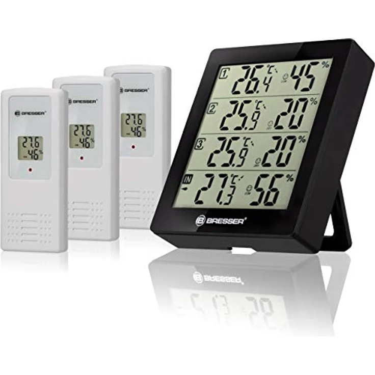 Bresser Wetterstation Funk mit Außensensor Thermometer Hygrometer Temeo Hygro Quadro inklusive 3 Außensensoren um bei 4 Umgebungen gleichzeitig Temperatur und Luftfeuchtigkeit zu messen, Schwarz – Bild 1