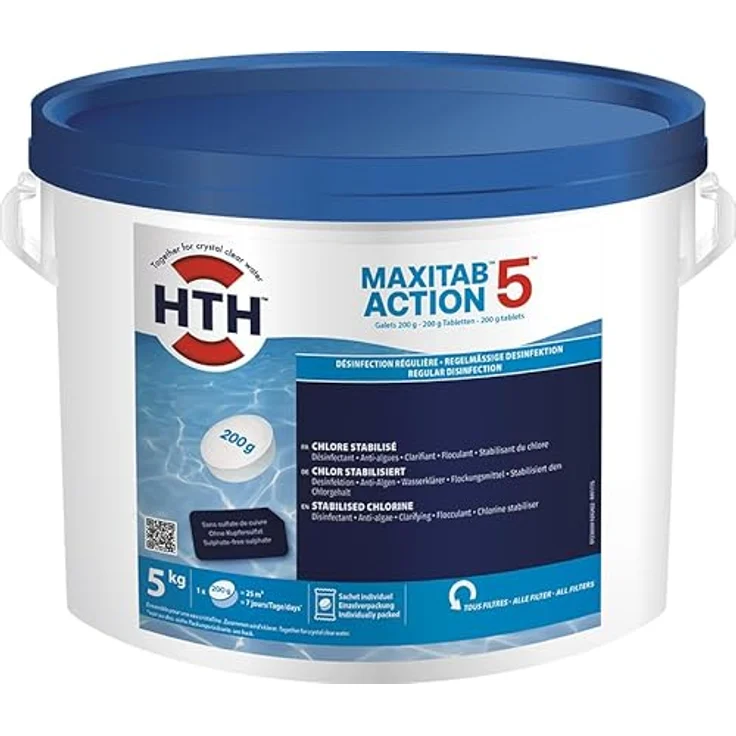 HTH MaxiTab Action 5, 5 kg Chlor Multifunktionstabletten 200g, langsam löslich mit Anti-Algen-, Trübungsentfernung und UV-Schutz – Bild 1