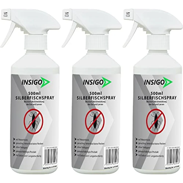 INSIGO Anti-Silberfisch-Spray 3x500ml | Hochwirksam gegen Silberfische, Larven & Eier | Fleckenfreie Silberfisch-Abwehr | Mittel gegen Silberfische auf Wasserbasis – Bild 1