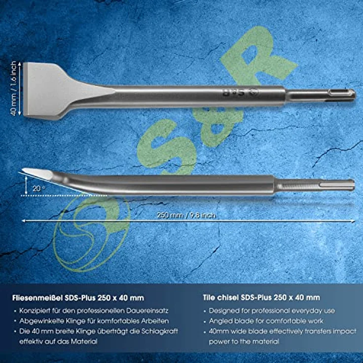 S&R Fliesenmeißel SDS-plus 250 x 40 mm, angewinkelt, gehärtet, Profi-Qualität, Made in Germany – Bild 2