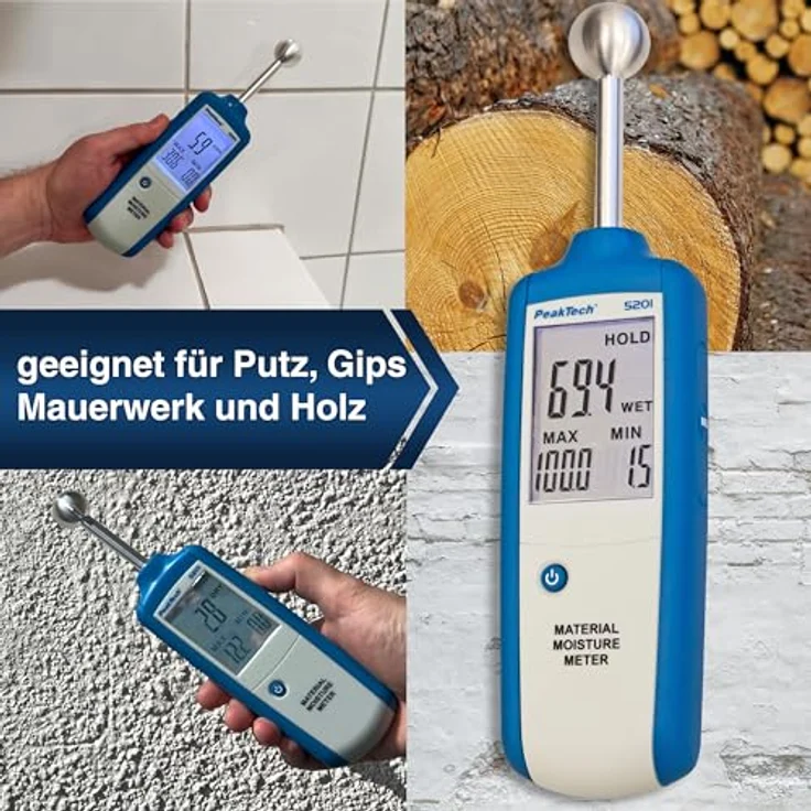 PeakTech 5201 - Feuchteindikator, Materialfeuchtemessgerät, Feuchtemesser, Baufeuchtemessgerät, Feuchtigkeitsmessgerät Holz, Wand, Putz, Gips, Mauerwerk, Feuchtigkeits Detector - Messtiefe: 20 - 40 mm – Bild 4