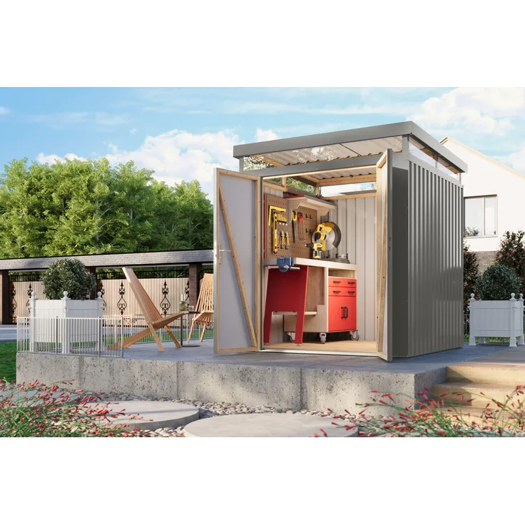 Karibu Metallgerätehaus Boldmere M, anthrazitfarbiges Metallhaus mit 8,46 m² Grundfläche und robustem Leimholzrahmen
