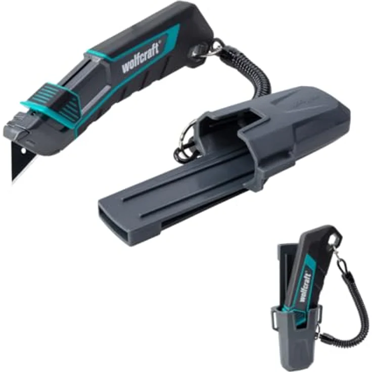 wolfcraft Trapezklingen-Messer PRO SAFETY, extrascharfe PRO SHARP-Klinge mit Köcher und ergonomischem Design, Schwarz – Bild 1