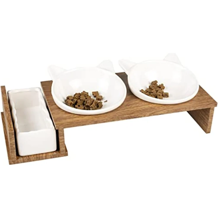 duvoplus, Set mit 3 Keramikschalen für Katzen, Modell Stony Up, Ständer aus Polywood, 3 Schalen zum Essen, Trinken und Katzenminze, spülmaschinenfest, 250 ml + 350 ml, Weiß – Bild 3