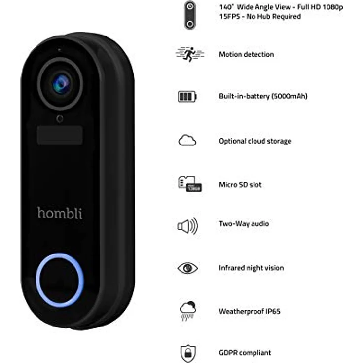 Hombli Smart Funk Türklingel mit Chime 2 mit Gegensprechfunktion | 140° Winkel Kamera mit HD 1080p Video | Bewegungserfassung & Nachtsicht | 2,4GHz WLAN | MicroSD, Cloud Speicher | IP65 Wasserschutz – Bild 3