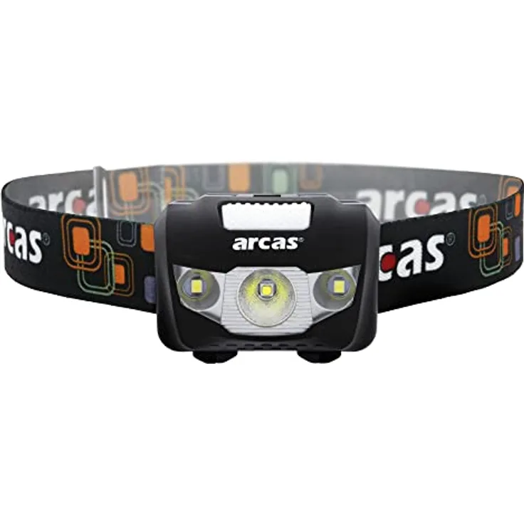 Arcas 30710010 - Kopflampe 5W mit einer LED und 2 Flutlicht LED, verstellbares Kopfband, 7 Leuchtfunktionen, batteriebetrieben, ideal zum Arbeiten, Wandern und Joggen