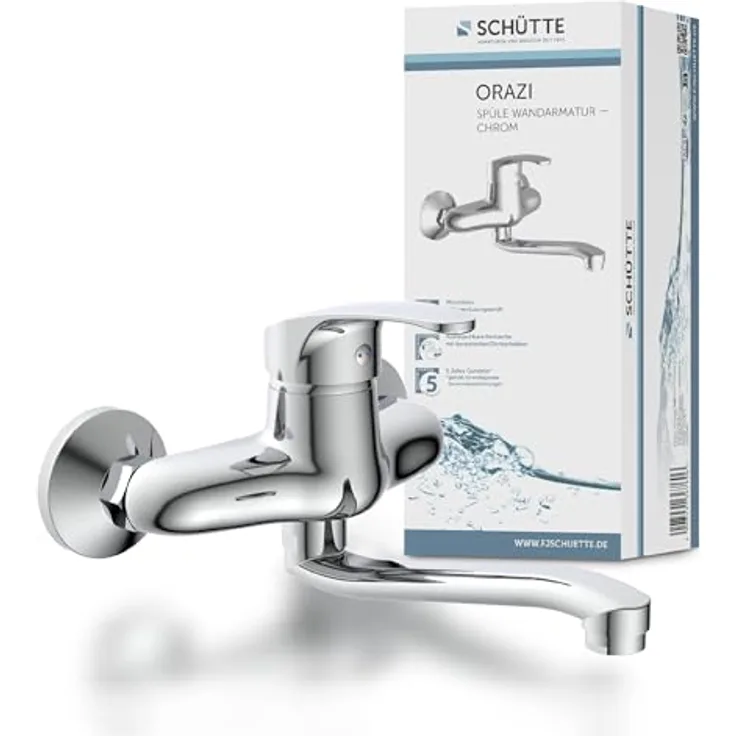 SCHÜTTE 36760 ORAZI Wandwasserhahn Chrom, Wand-Spültischarmatur 360°, ideal für Doppelspülbecken, Wasserhahn Wandmontage, Wandarmatur für Küche/Ausgussbecken, Mischbatterie für Wandmontage