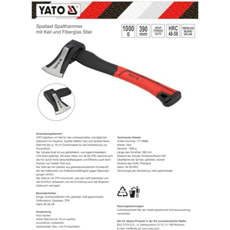 TRIZERATOP Spaltaxt, Handbeil 1000g aus gehärtetem C45-Stahl, mit glasfaserverstärktem Kunststoffgriff, ideal für Holzspaltung bis 18 cm – Bild 5