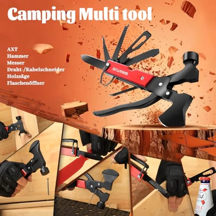 GIRIAITUS Multitool Camping Zubehör, 18 in 1 Multifunktionswerkzeug mit Axt, Hammer, Säge und Zange, rot – Bild 4