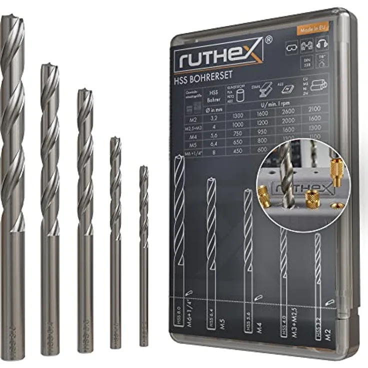 ruthex HSS Bohrerset für Gewindeeinsätze, M2-M6 & 1/4", geeignet für Kunststoff, PLA, PETG, 5 Teile mit 3,2 - 8 mm Ø