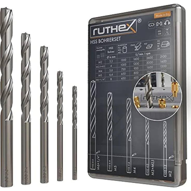ruthex HSS Bohrerset für Gewindeeinsätze, M2-M6 & 1/4", geeignet für Kunststoff, PLA, PETG, 5 Teile mit 3,2 - 8 mm Ø – Bild 1