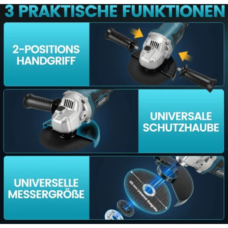 Bundviel Akku-Winkelschleifer 21V, Bürstenloser Motor, max. 12000 U/min, Ø 125mm, inkl. 2×4,0Ah Akku und Ladegerät – Bild 5