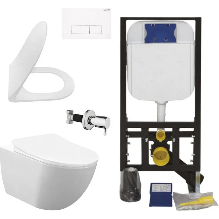 Creavit Tiefspül-WC CRV-FE322-0005-SET, spülrandloses Hänge-WC in Weiß mit Edelstahl Taharet und Soft-Close Duroplast WC-Sitz