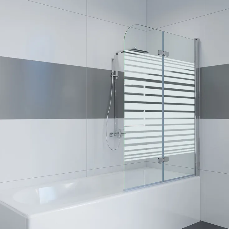 IMPTS Duschwand für Badewanne 100x140cm, 2 TLG. Duschtrennwand aus teilsatiertem 6mm ESG-Glas mit Milchglas-Streifen, inkl. Nanobeschichtung