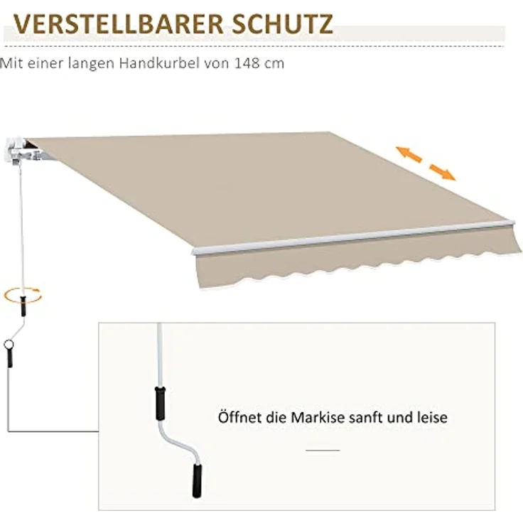 Outsunny manuelle Gelenkarmmarkise Markise 4m mit Handkurbel Balkonmarkise Sonnenschutz Wandmontage Balkon Alu Weiß+Beige 395 x 245 cm – Bild 5