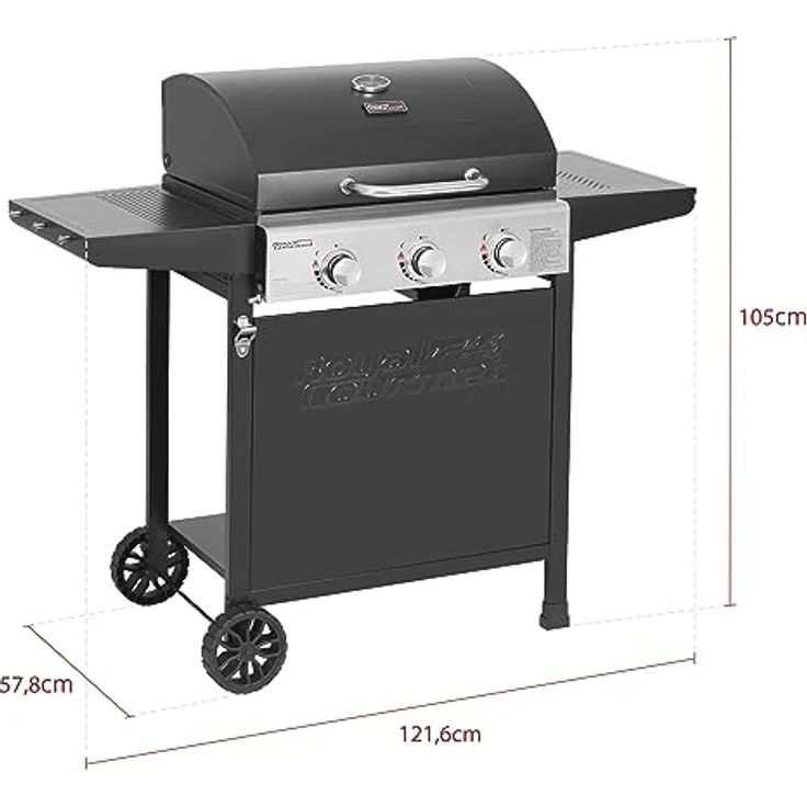 Royal Gourmet Gasgrill Grillwagen 3 Brenner 9 kW Camping Gaskocher mit Kochplatte, Gartengrill mit Flaschenöffner, Druckminderer und Gasschlauch Grillrost ca. 60 x 42 cm, Schwarz – Bild 3