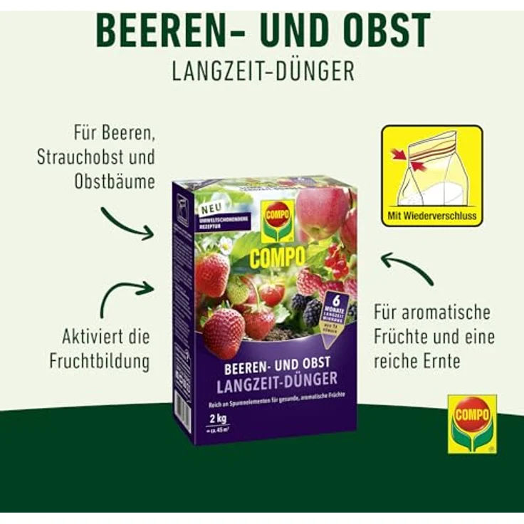 COMPO Beeren Langzeit-Dünger für Beeren, Obst und Feingemüse, umweltschonende Rezeptur, 6 Monate Langzeitwirkung, 2 kg, für 45 m² – Bild 2