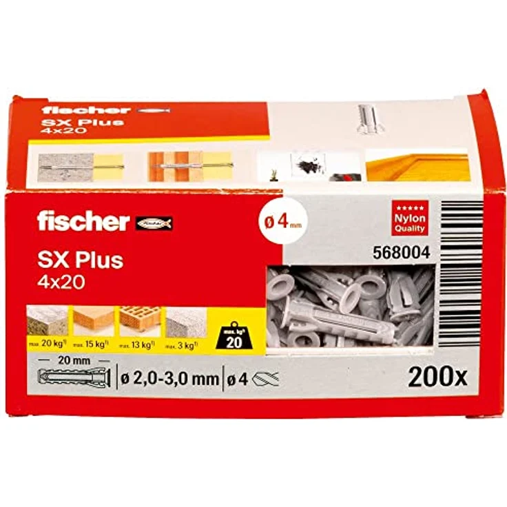 fischer Spreizdübel SX Plus 4 x 20, Schachtel mit 200 Nylondübeln, Dübel für optimalen Halt bei Befestigungen in Beton, Vollziegel, Porenbeton, Hochlochziegel uvm. – Bild 2