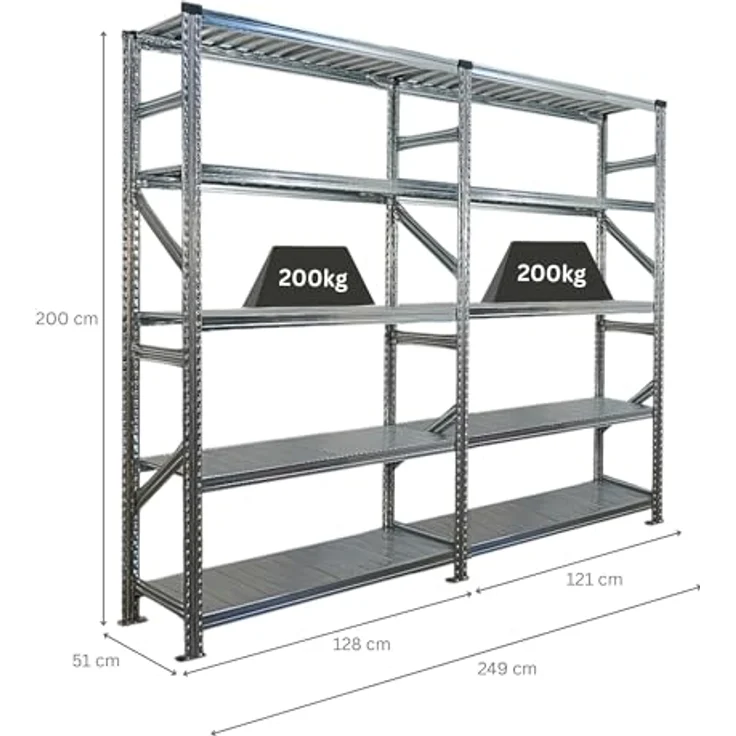 Proregal PROXIMO Metallregal Fachbodenregal, 200x240x50 cm, 5 Böden, Traglast 200 kg pro Boden, verzinkter Stahl – Bild 2