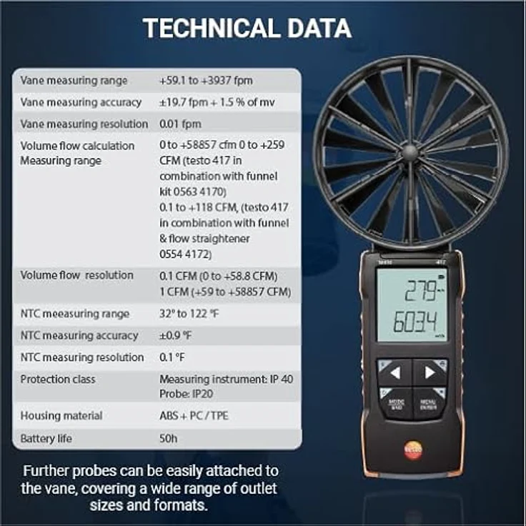 Testo 417-1 Anemometer, Flügelrad-Messgerät für Luftgeschwindigkeiten von 0.3 bis 20 m/s, inkl. 2 Messtrichtern – Bild 6