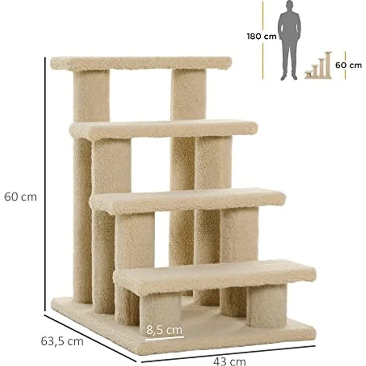 PawHut Tiertreppe Katzentreppe Hundetreppe Treppe für Katze und Hunde 4 Stufen Beige 63,5x43x60cm – Bild 3