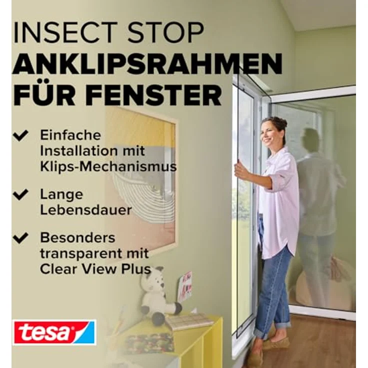 tesa Insect Stop mit Anklipsrahmen, Fliegenschutznetz 120 x 240 cm, schwarz, hohe UV-Beständigkeit, einfaches Anbringen mit Klips-Mechanismus – Bild 2