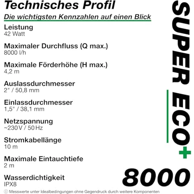 Wagner GREEN SuperECO 8000 Teichpumpe, 8.000 L/h, 42 W, Filterpumpe für Koiteich und Bachlauf – Bild 5