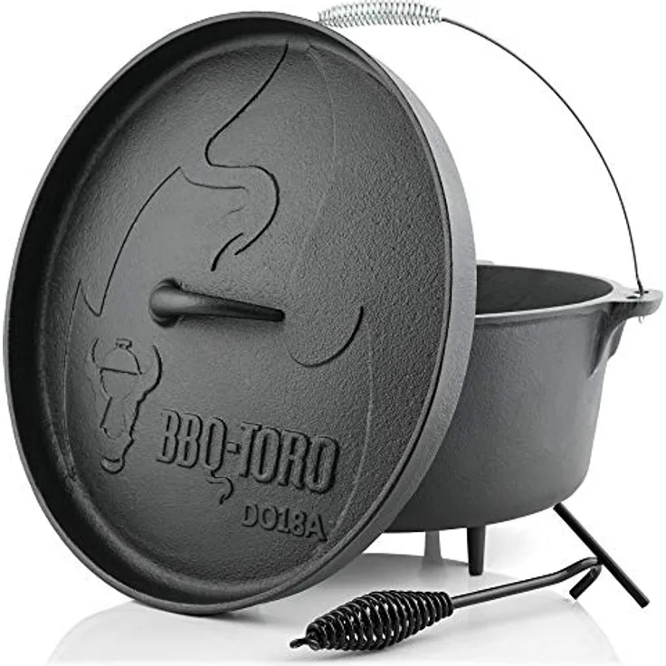 BBQ-Toro Dutch Oven Alpha Serie | 19,0 Liter (DO18A) Gusseisen Kochtopf, bereits eingebrannt, mit Deckelheber | Schwarz