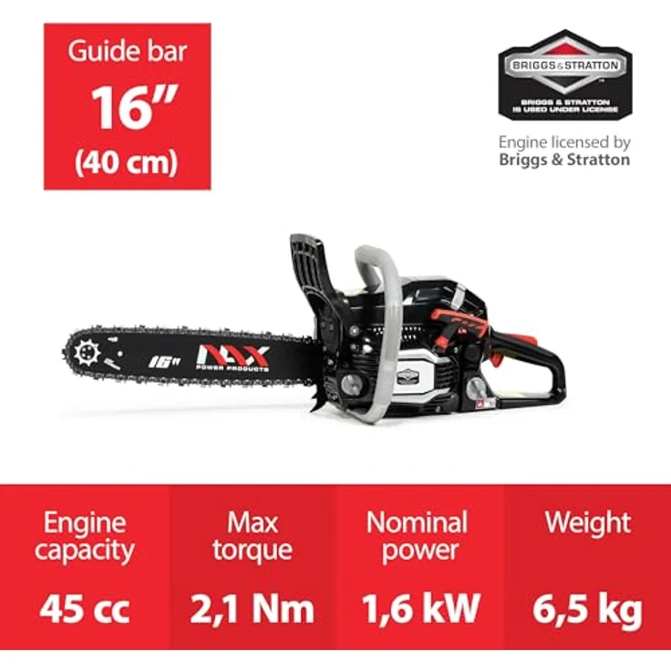 NAX POWER PRODUCTS 300C Motor 45 cm3 1,6kW Führungsschiene 16'' 40cm Anti-Rückschlag-System Low Kickback Briggs & Stratton Lizenzware Benzin-Säge Kettensäge, Schwarz – Bild 3